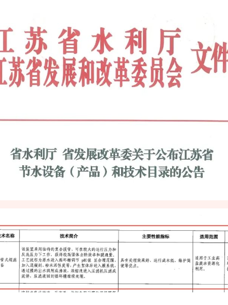入選江蘇省節水設備(產品)和技術目錄 入選江蘇省節水設備(產品)和技術目錄